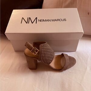 Neiman Marcus Taupe Suede Perforated Block Heel Sandals